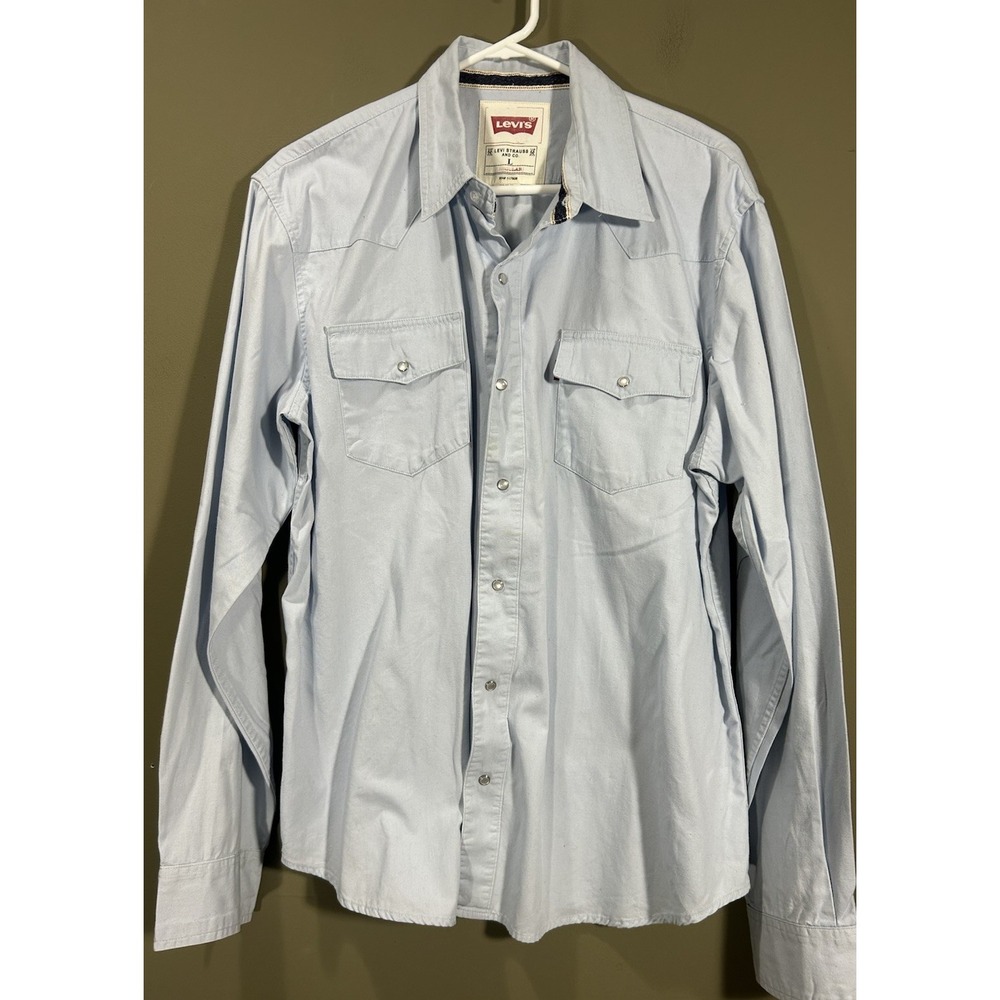 Levi's Denim Western Shirt Pearl Snap Light Wash Cowboy Rodeo Workwear Mens Lg